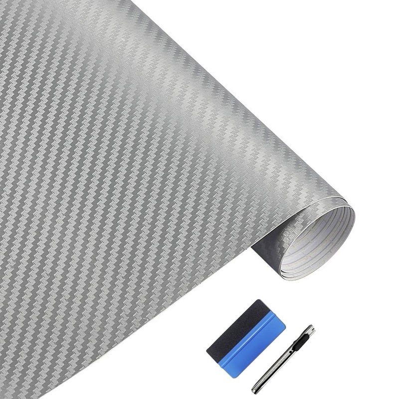 LZLRUN 3D Carbon Fiber Vinyl Wrap - Outdoor Rated for Automotive Use - 12" x 60" Knife + Hand Tool (Silver) - Image 1